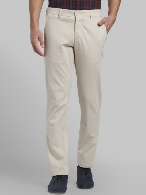 Parx Men Beige Tapered Fit Self Design Regular Trousers