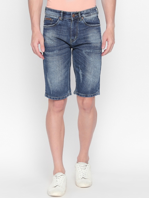 BOLTS and BARRELS Men Blue Washed Slim Fit Denim Shorts