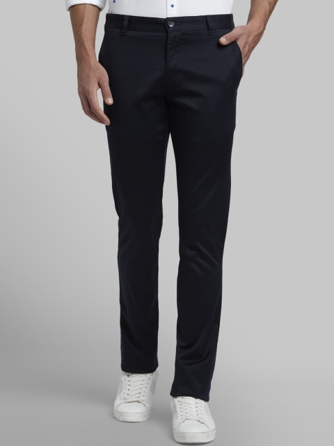 Parx Men Blue Tapered Fit Self Design Regular Trousers