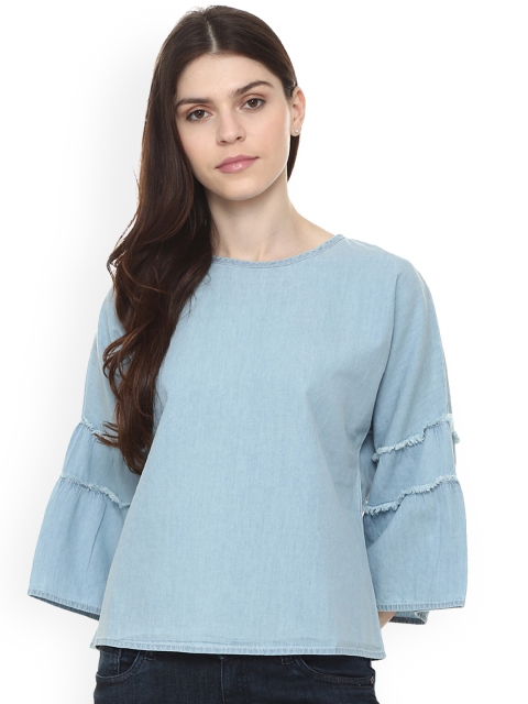 People Women Blue Solid A-Line Top