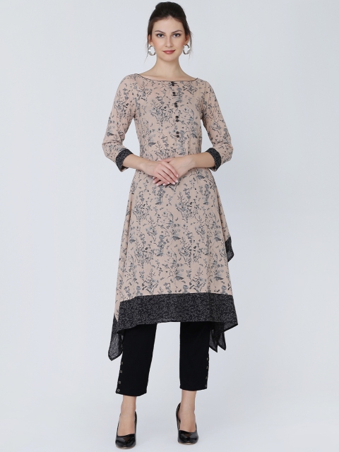 Ojjasvi Women Beige Printed Asymmetrical Hem A-Line Kurta