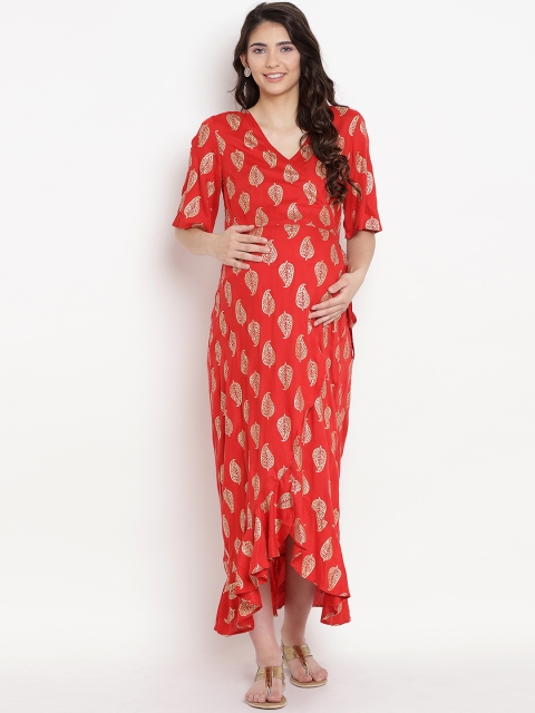 Mine4Nine Women Red Printed Maternity Maxi Dress