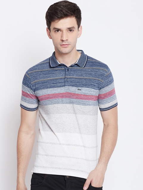 Okane Men Blue & White Striped Polo Collar T-shirt