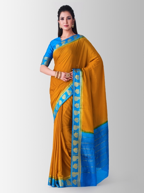MIMOSA Mustard Yellow & Blue Poly Crepe Solid Mysore Silk Saree