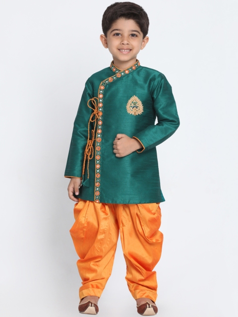 JBN Creation Boys Green & Orange Solid Kurta with Dhoti Pants