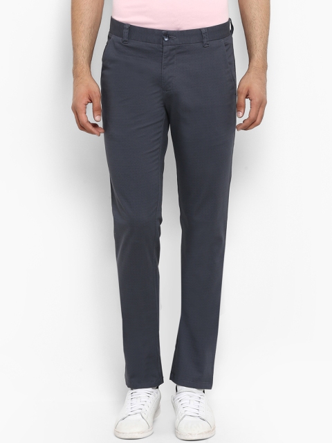 Parx Men Blue Tapered Fit Self Design Regular Trousers