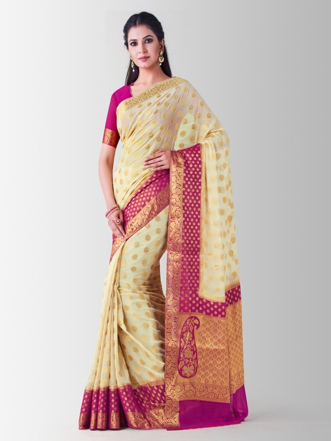 MIMOSA Beige Poly Chiffon Woven Design Kanjeevaram Saree