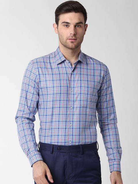 Peter England Elite Men Blue Slim Fit Checked Formal Shirt