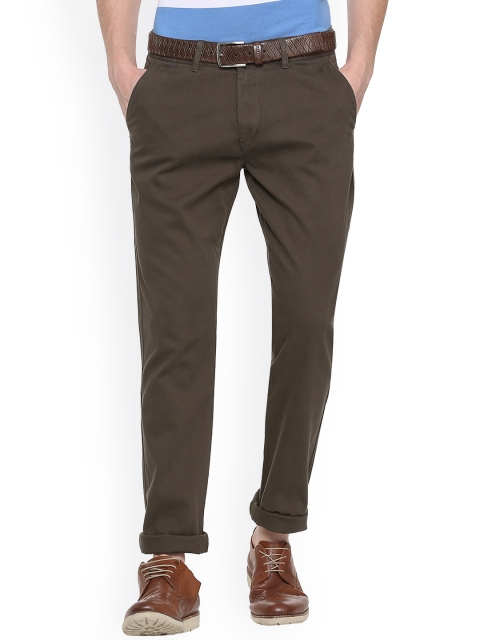 People Men Olive Green Slim Fit Solid Regular Trousers