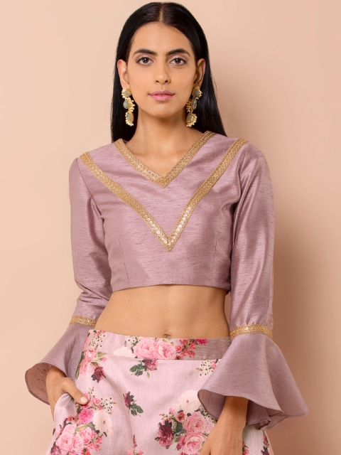 INDYA Women Purple Embroidered Crop Top