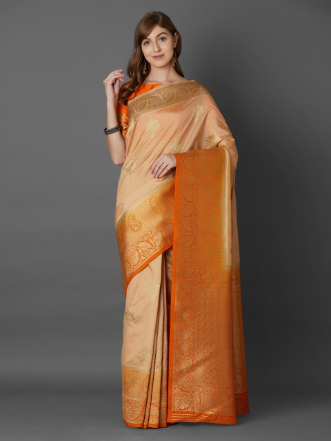 Mitera Beige & Orange Silk Blend Woven Design Banarasi Saree