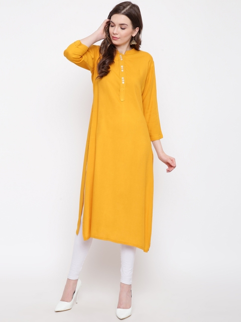FABNEST Women Mustard Solid Straight Kurta