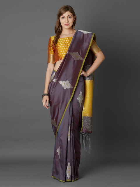 Mitera Burgundy & Silver-Toned Silk Blend Woven Design Banarasi Saree