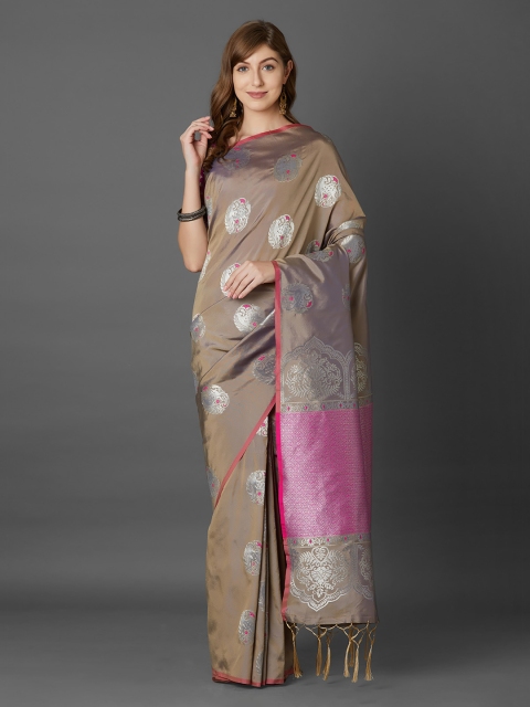 Mitera Brown & Silver-Coloured Silk Blend Woven Design Banarasi Saree