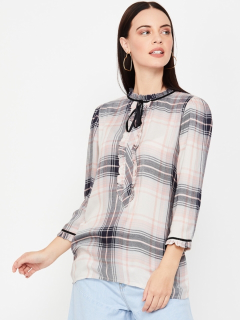 Fame Forever by Lifestyle Women Beige & Black Regular Fit Checked Casual Shirt