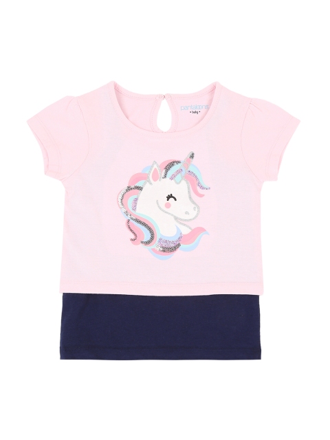 Pantaloons Baby Girls Pink & Navy Blue Printed Pure Cotton Top