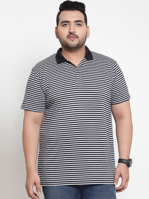 plusS Men Black Striped Polo Collar T-shirt