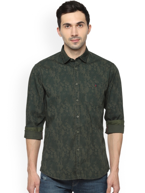 Louis Philippe Jeans Men Olive Green Tight Slim Fit Printed Casual Shirt