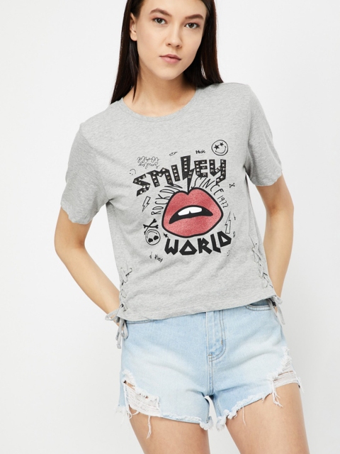 Smiley World Women Grey Melange Printed Round Neck T-shirt