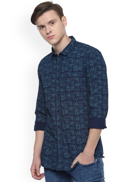 Louis Philippe Jeans Men Navy Blue Tight Skinny Fit Printed Casual Shirt