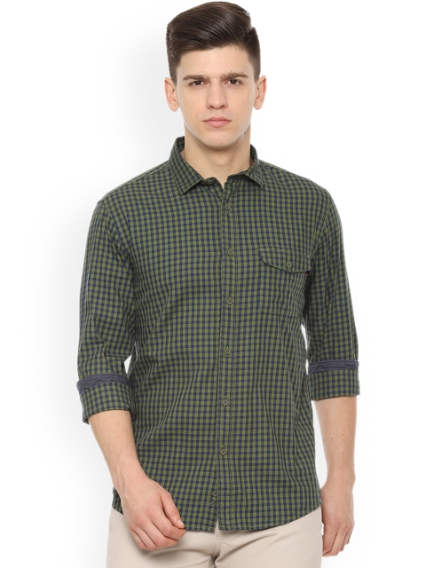 Louis Philippe Jeans Men Olive Green & Navy Blue Skinny Fit Checked Casual Shirt
