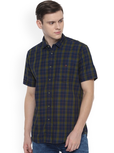 Louis Philippe Jeans Men Navy Blue & Green Slim Fit Checked Casual Shirt