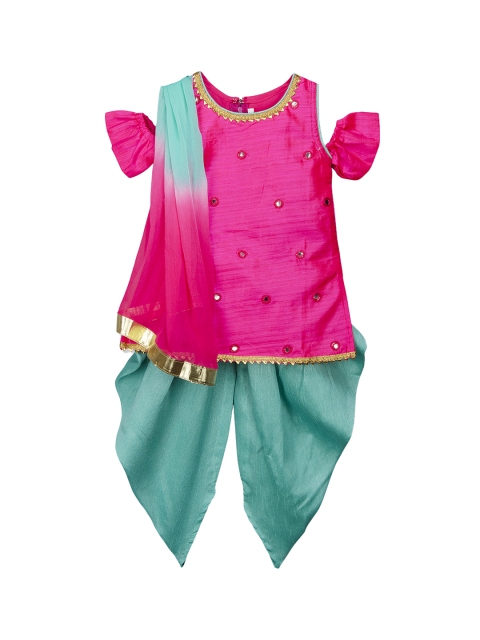 KID1 Girls & Green Pink Embroidered Kurta with Dhoti Pants & Dupatta