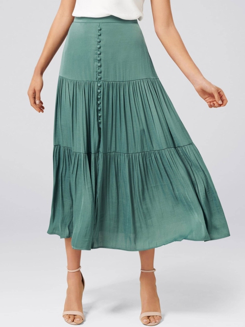 Forever New Women Green Solid Flared Tiered Skirt
