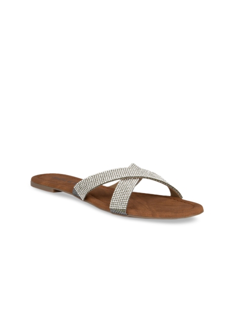 SOLES Women Silver-Toned Embellished Open Toe Flats