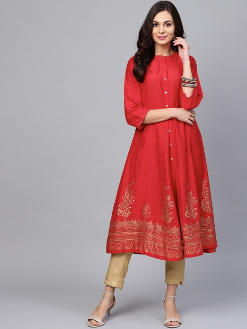 PINKSKY Women Red & Golden-Coloured Printed Kurta with Trousers