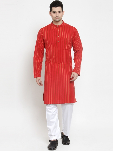 NEUDIS Men Red & Yellow Striped Khadi Straight Kurta