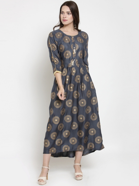WESTCLO Women Navy Blue & Gold-Toned Printed Fit and Flare Dress