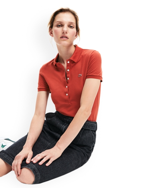 Lacoste Women Red Solid Polo Collar T-shirt