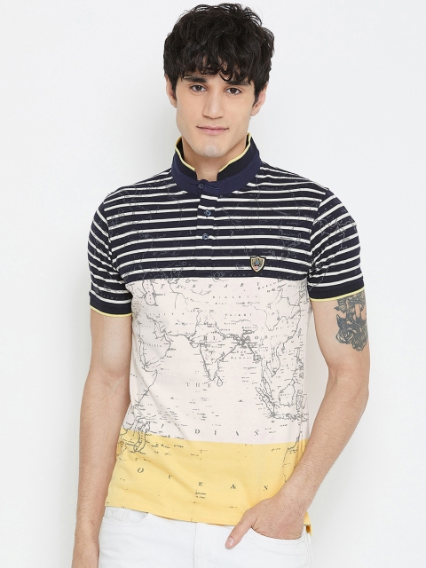 Wear Your Mind Men Navy Blue Striped Mandarin Collar T-shirt