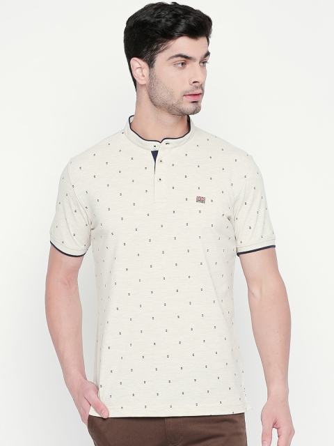 BYFORD by Pantaloons Men Beige Printed Mandarin Collar Pure Cotton T-shirt