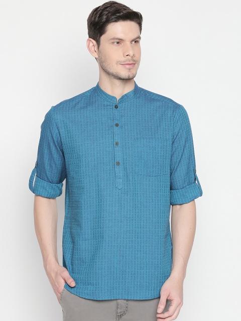 indus route by Pantaloons Men Blue Woven Design Straight Kurta