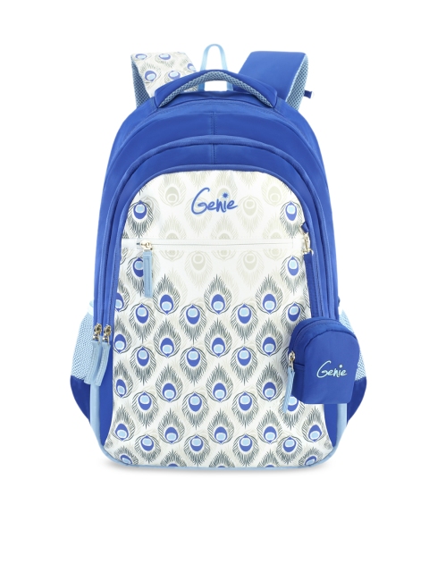 Genie Girls Blue & White Printed 17 inches Medium Backpack with Zip Pouch