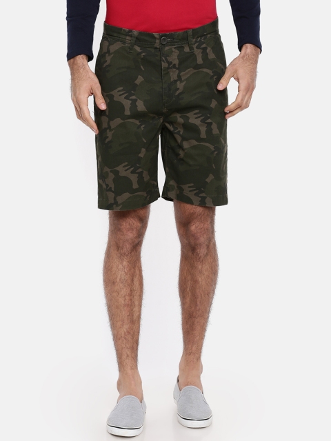Breakbounce Men Olive Green Printed Regular Fit Regular Shorts