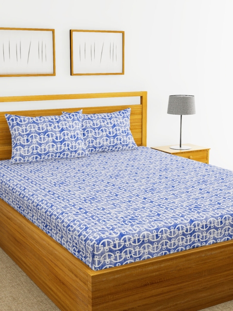 BIANCA Navy Blue Geometric 120 TC Cotton 1 Queen Bedsheet with 2 Pillow Covers