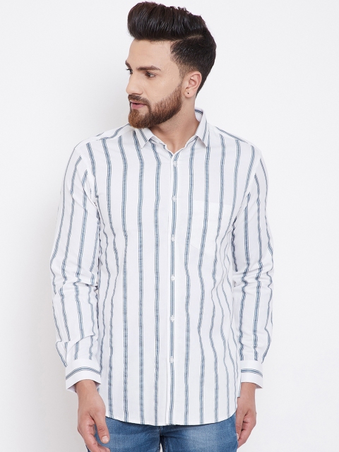 Canary London Men White & Blue Slim Fit Striped Semiformal Shirt