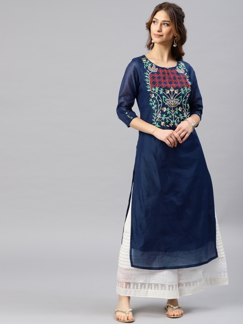 Alena Women Navy Blue Yoke Design Straight Kurta