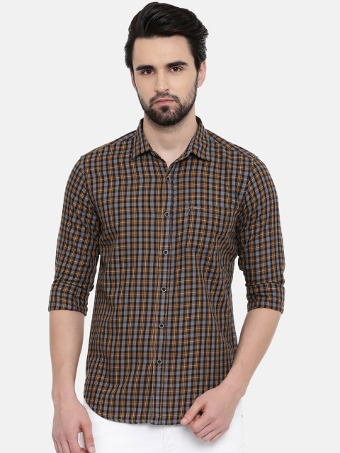 IMYOUNG Men Yellow & Grey Slim Fit Checked Casual Shirt