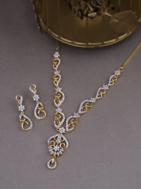 Voylla Women Brass-Plated & White CZ-Studded Jewellery Set, Gold