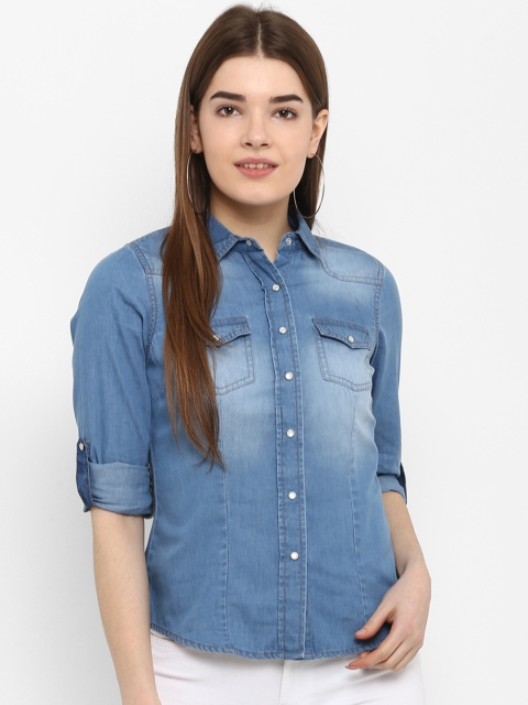 FOSH Women Blue Regular Fit Faded Casual Shirt