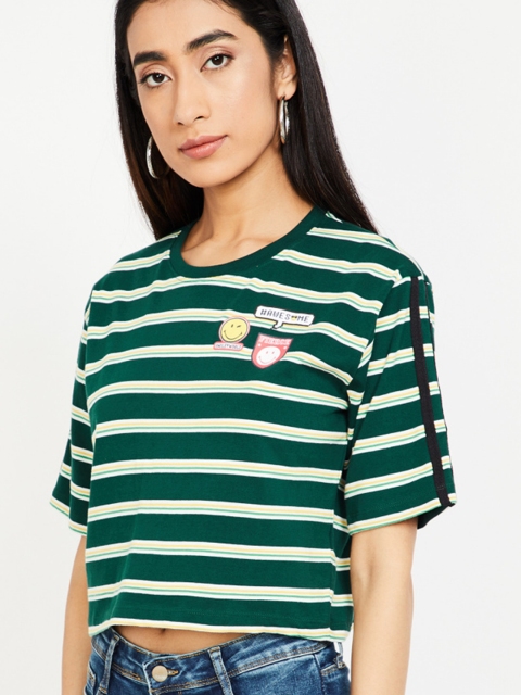 Smiley World Women Green Striped Round Neck T-shirt