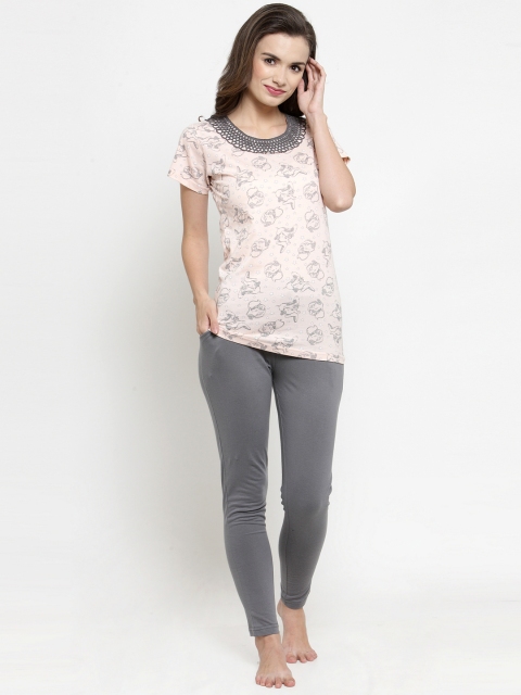 Claura Women Peach-Coloured & Grey Printed Night suit
