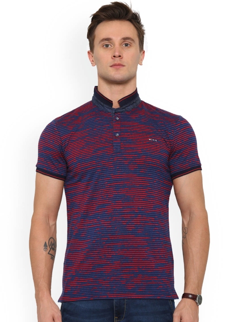 WITH Men Red & Blue Striped Mandarin Collar T-shirt