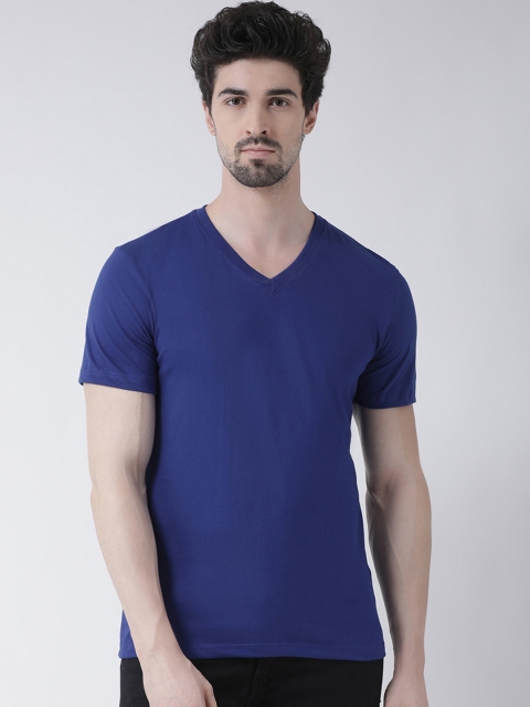 Friskers Men Blue Solid V-Neck Slim Fit T-shirt
