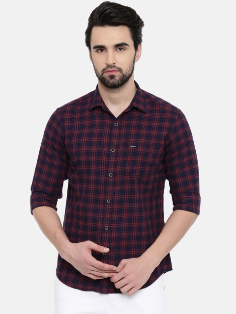IMYOUNG Men Red & Navy Blue Slim Fit Checked Casual Shirt
