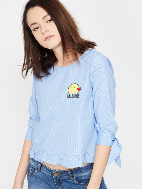 Smiley World Women Blue Striped Top